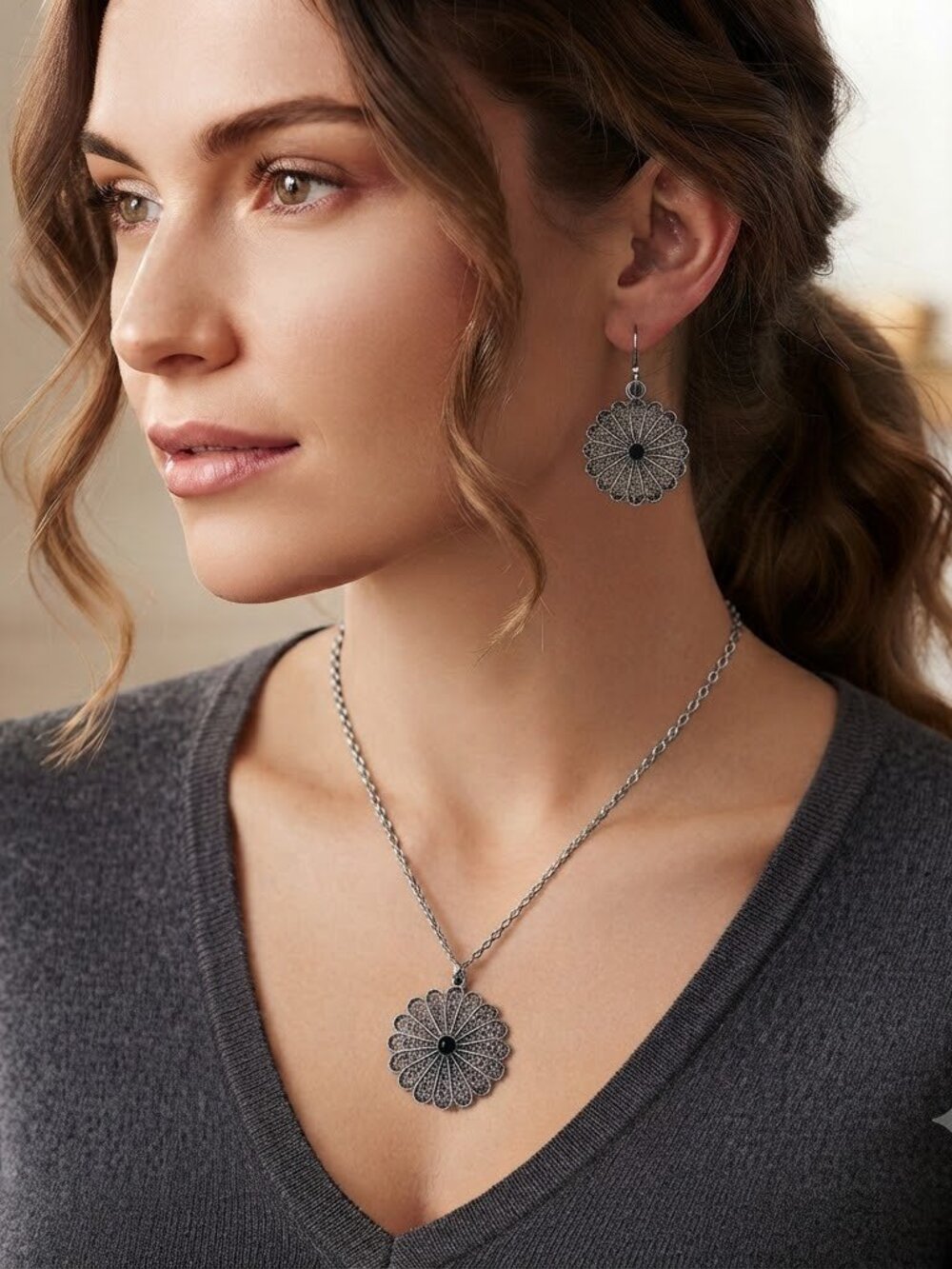 Boho silver black pendant necklace and drop dangle earrings set Filagree